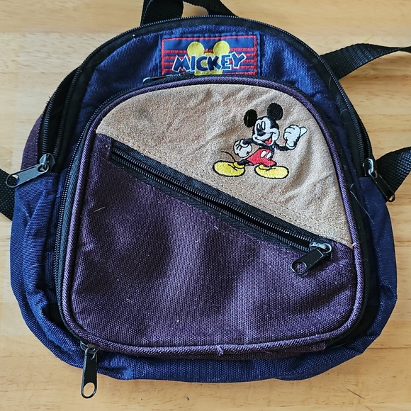 Retro Mickey Unlimited Maroon & Blue Suede Front Embroidered Backpack 10"x8" - Picture 2 of 8